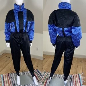 Vintage 80s 90s Edelweiss M Floral Roses Satin Ski Snow Suit Jumpsuit Blue Black